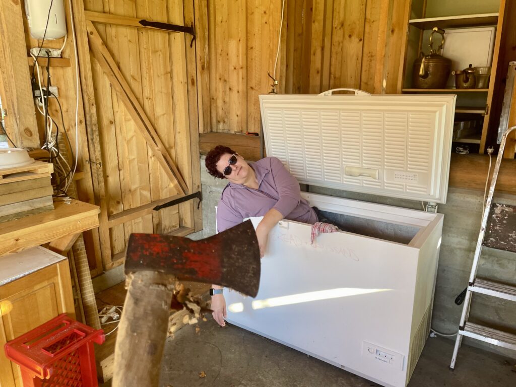 Woman pretending to be dead inside of a huge freezer. A hatchet is in the foreground.