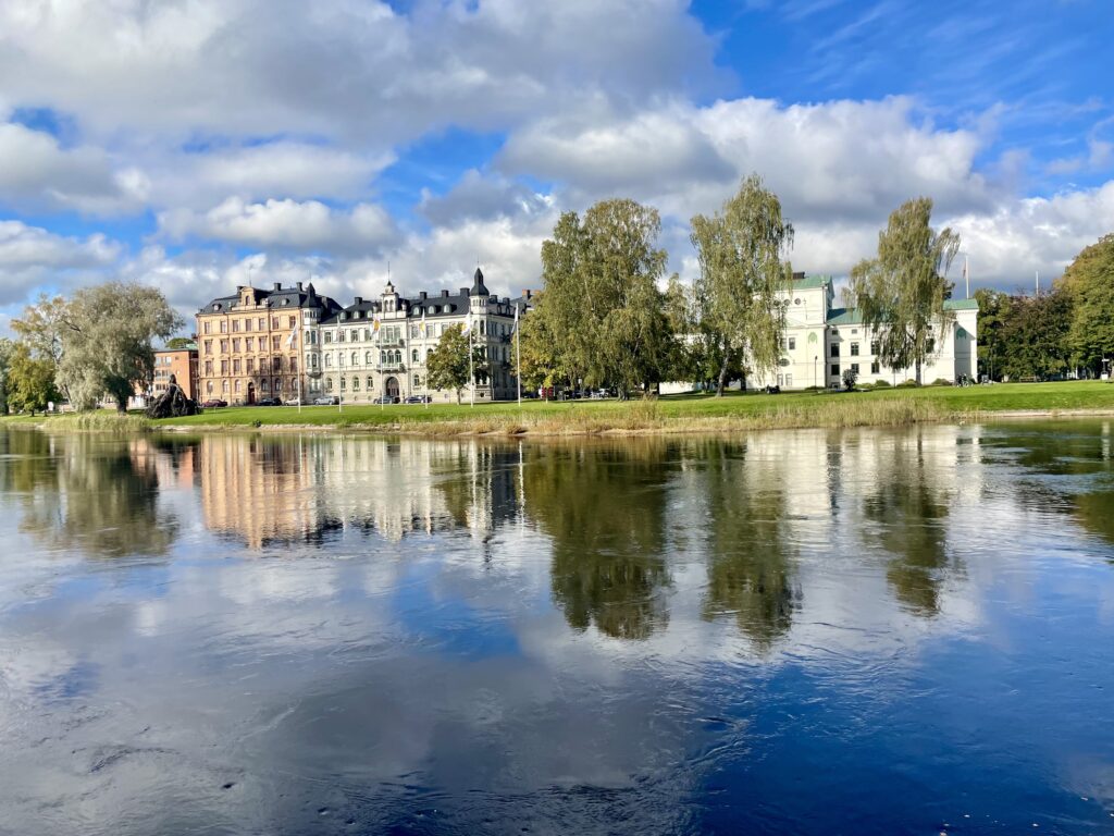 Photo of a river. The reflection in the water is tall buildings and trees.