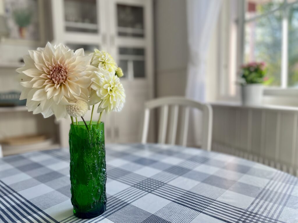 Photo of white dahlias in a green vase on a blue checkered tablecloth with a window out of focus in the background