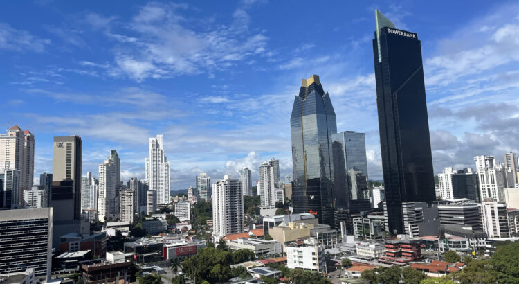 Picture of the Panama City skyscrapers and a big blue sky.