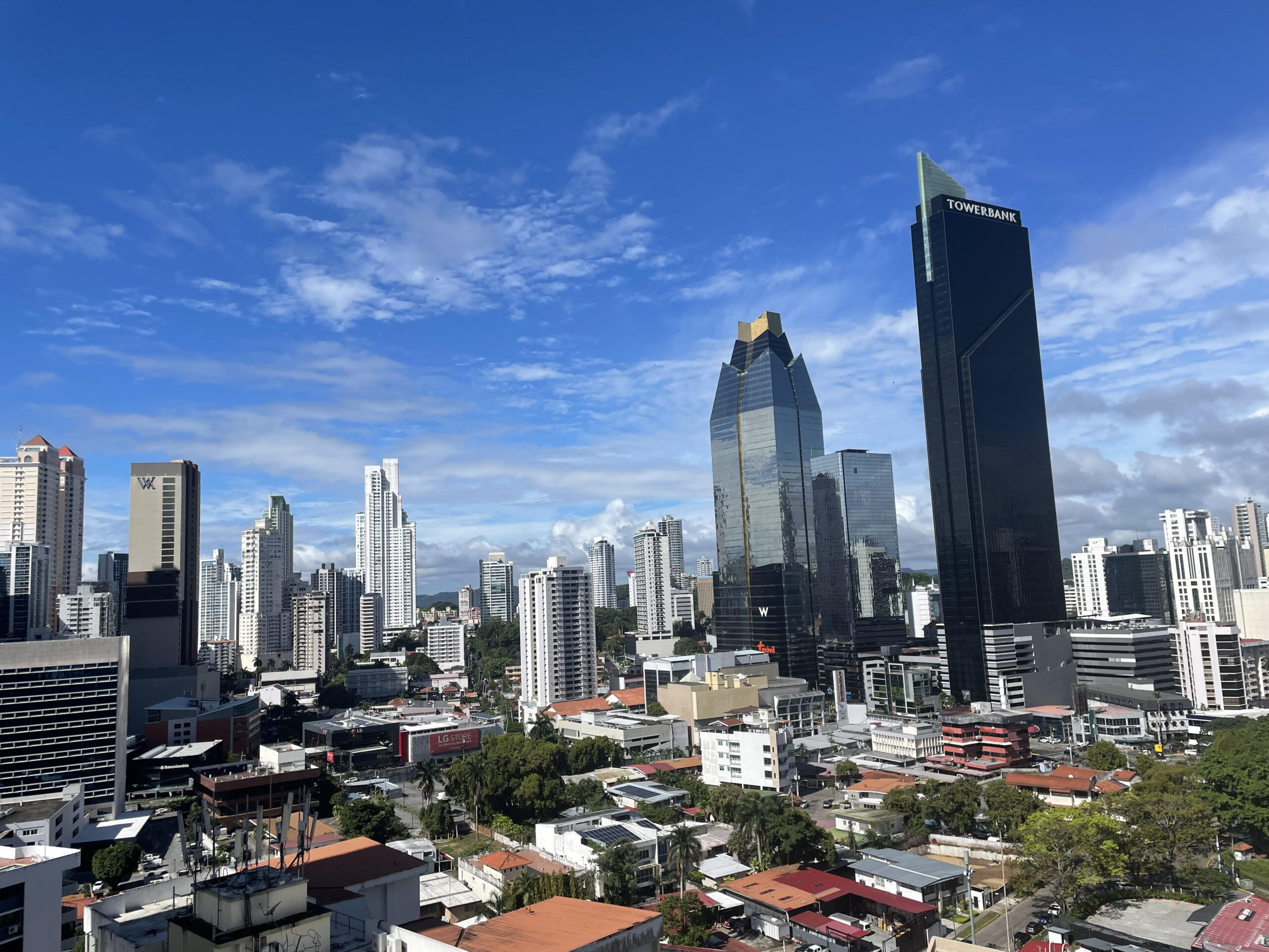 Picture of the Panama City skyscrapers and a big blue sky.
