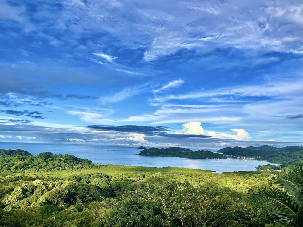 Photo of a landscape. The near foreground is green rainforest trees. The middle is a blue-water bay ringed by mainland and a small island. In the distance, the water continues indefinitely, met my blue sky and storm clouds.